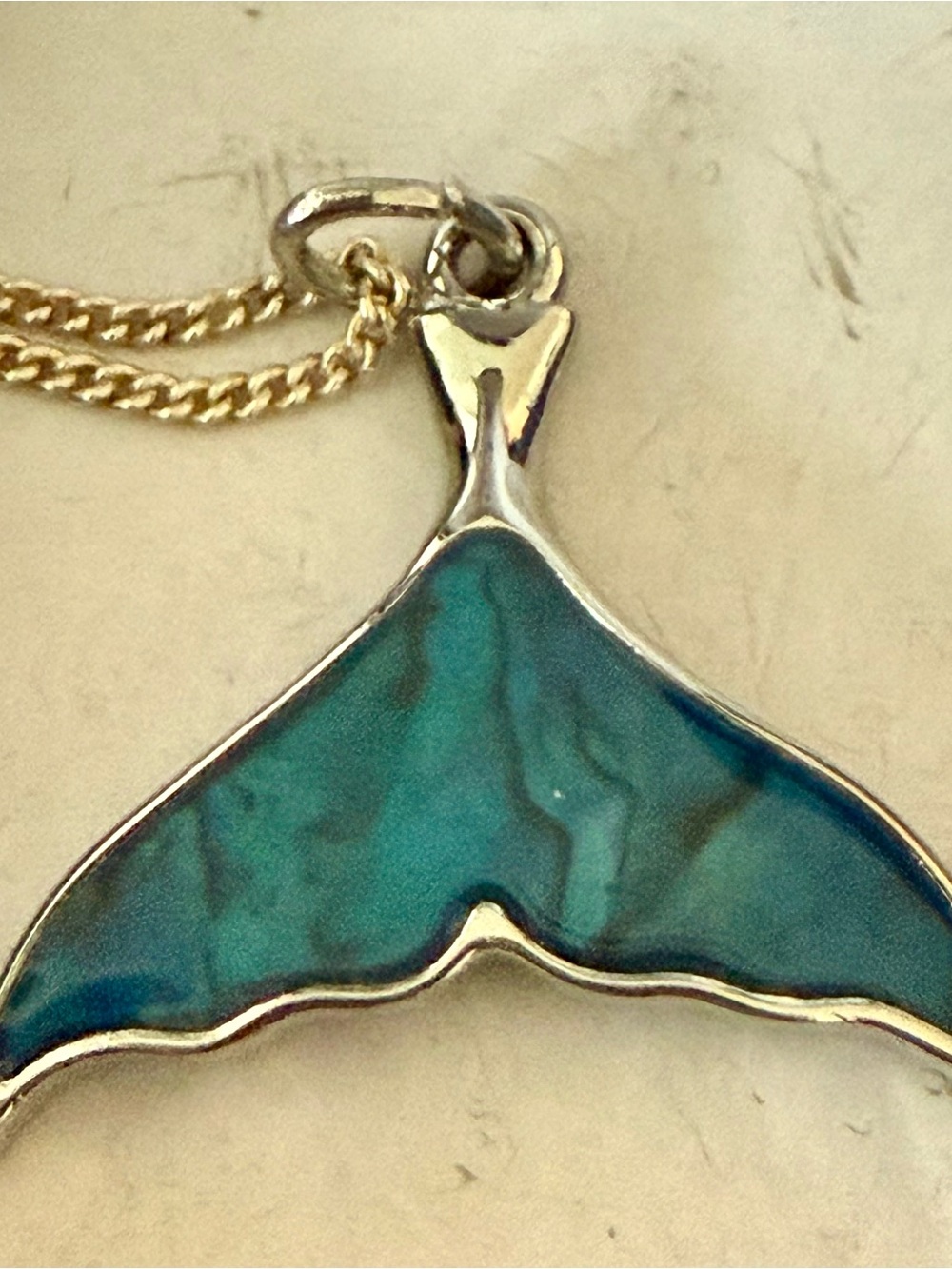 Sterling Silver Blue-Green Whale Tail Pendant Necklace